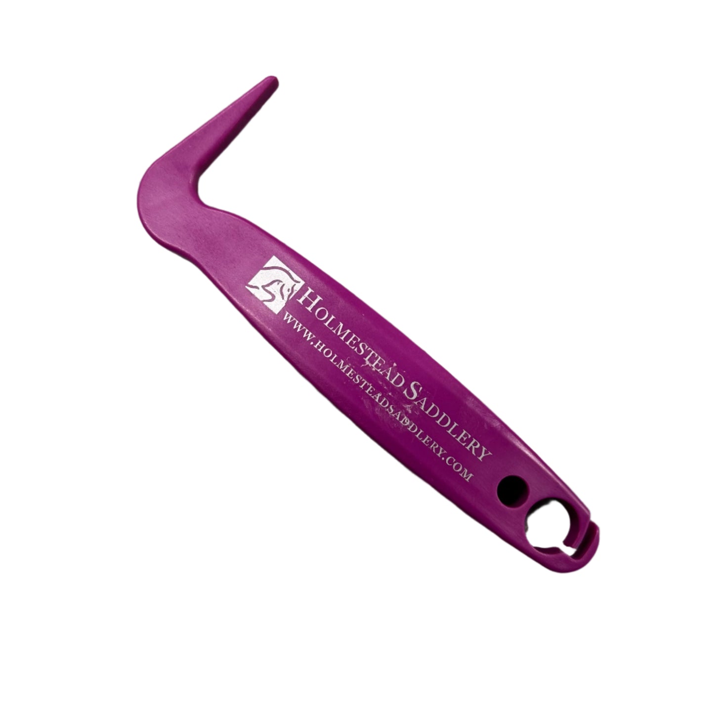Purple hoof pick with 'Holmes & Holmes Saddlery' branding