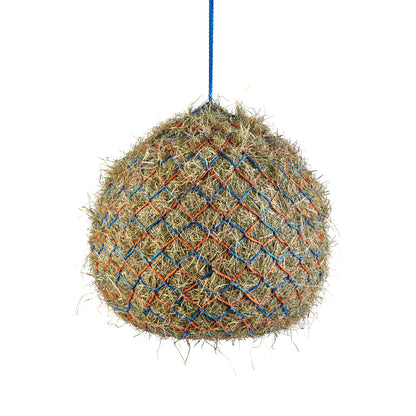 Hay ball with a netting design hanging on a white background