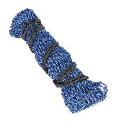 Blue and purple rope with black strands on a white background