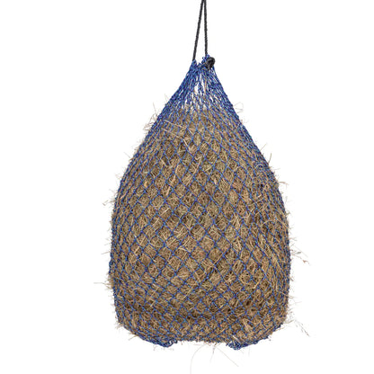 Textured blue and brown bag with a black string on a white background