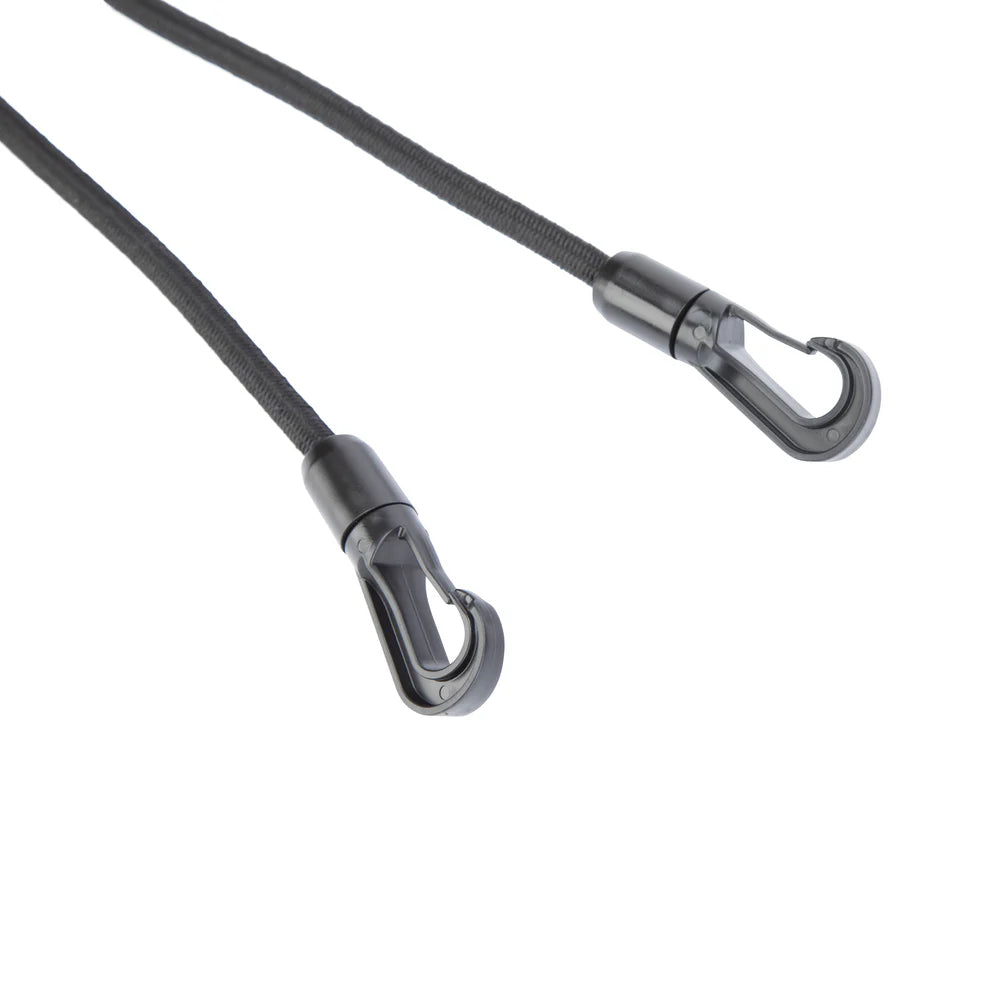 Black metal cable with two hooks on a white background