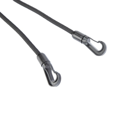 Black metal cable with two hooks on a white background