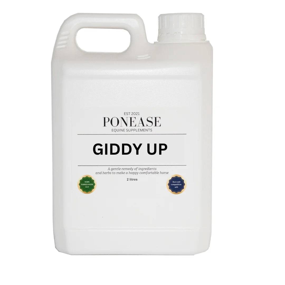 Ponease Giddy Up equine supplement container on a white background