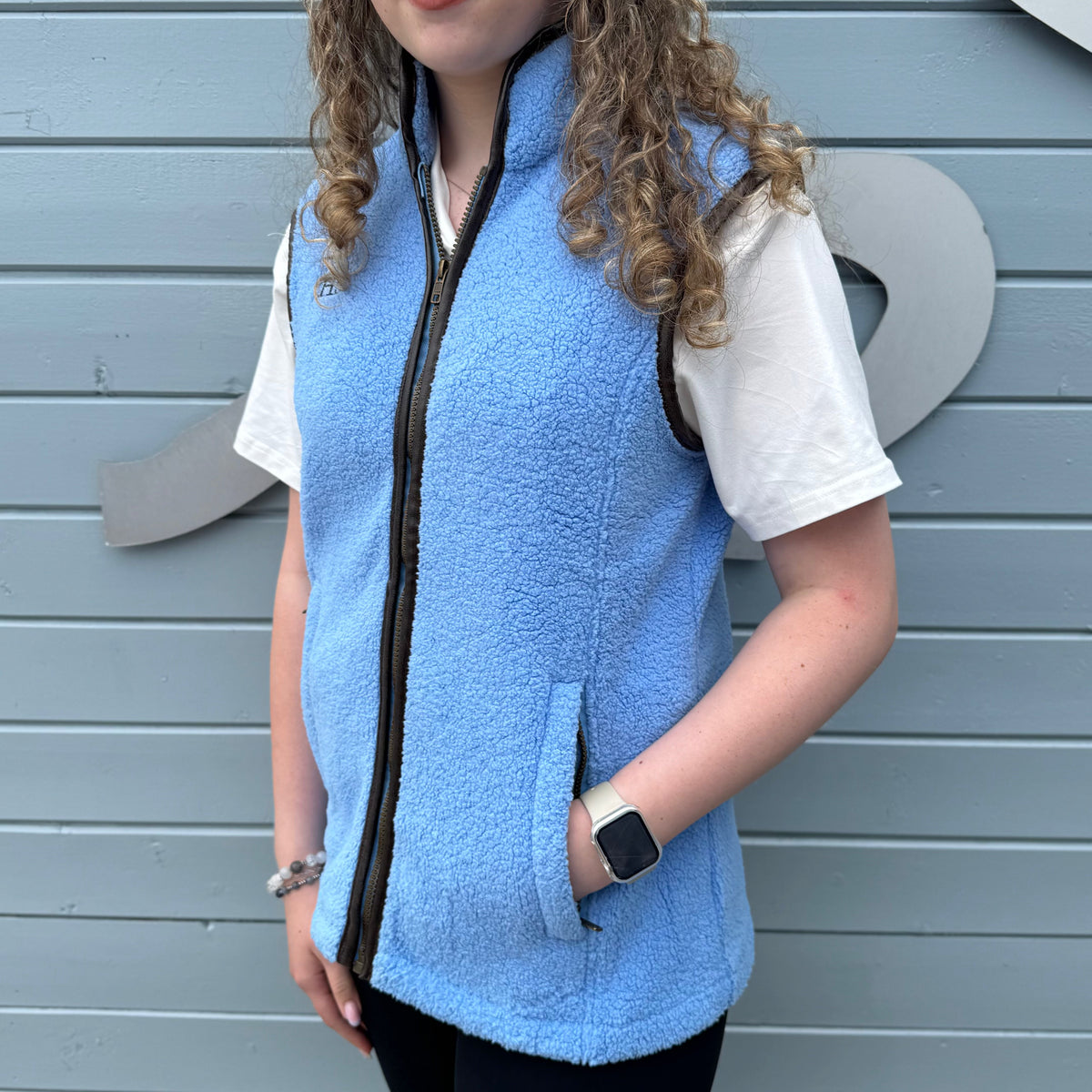 New Holmestead Sky Blue & Cream Teddy Gilet-Women's