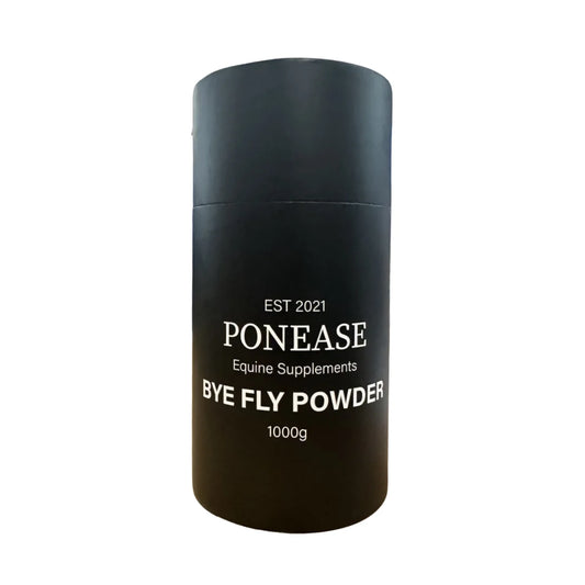 Black container of Ponease Bye Fly Powder on a white background