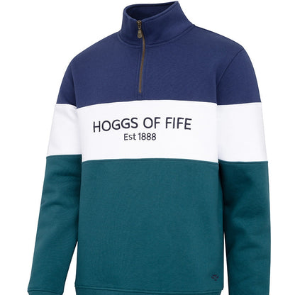Blue and teal sweatshirt with 'Hoggs of Fife' branding on a white background