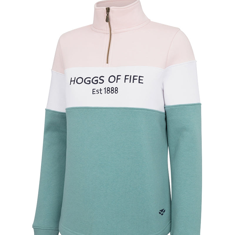 Two-tone pink and green sweatshirt with 'Hoggs of Fife' branding on a white background