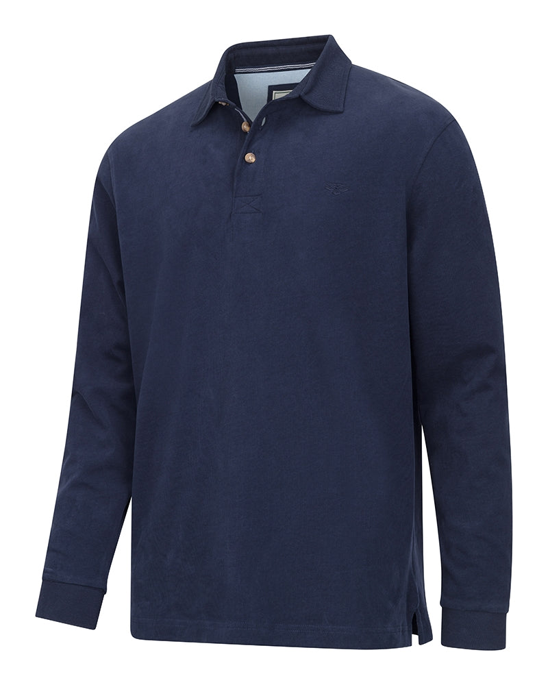 Navy long-sleeve polo shirt on a white background
