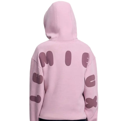 Pink hoodie with butterfly designs on the back against a light gray background